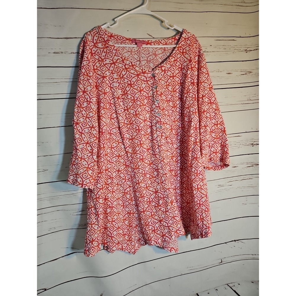 Woman Within Plus Size 2X ( 26/28) Pink Mosaic Gauze Tunic Top 3/4